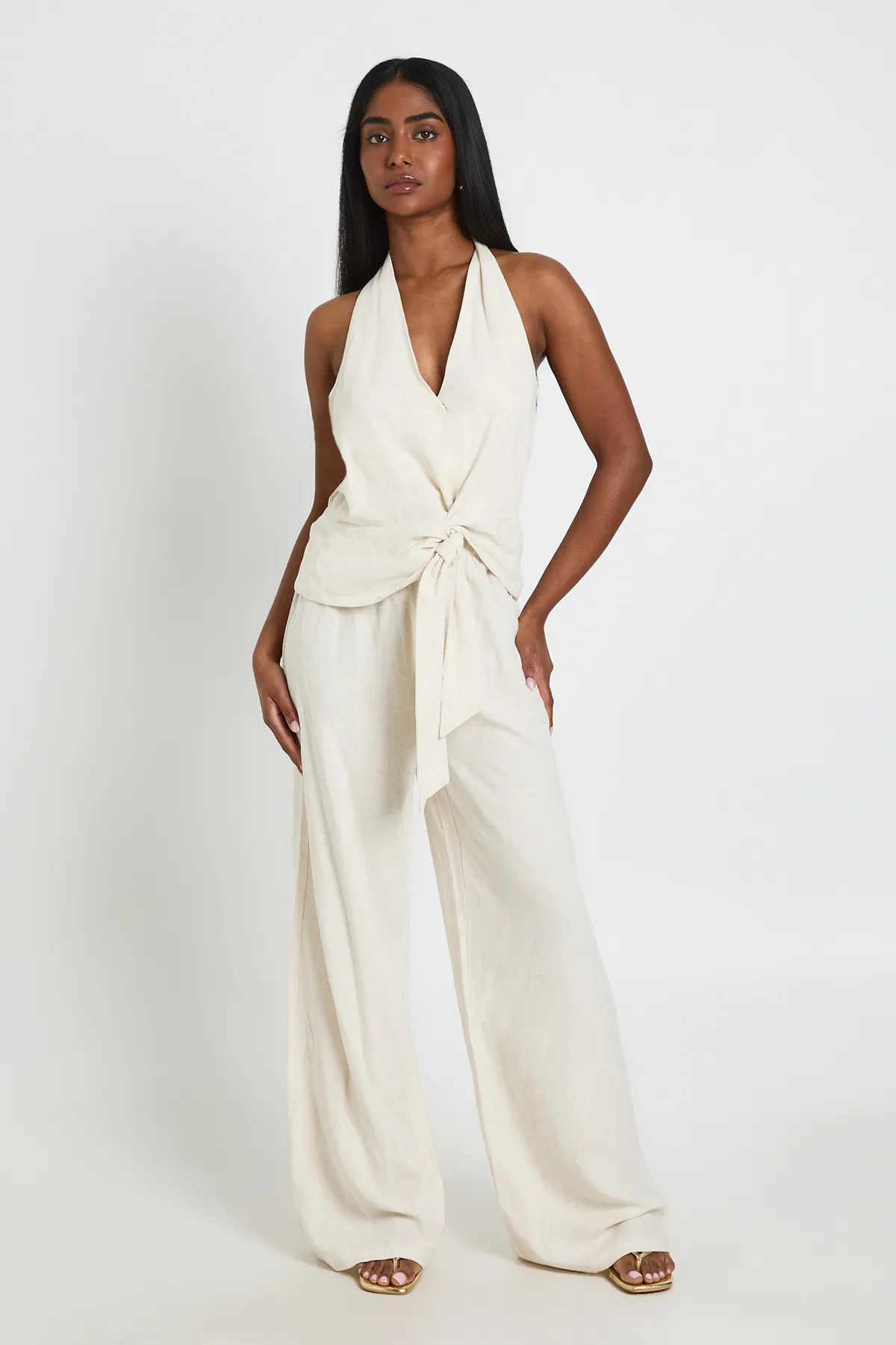 Halterneck Linen Look Knot Front Wide Leg Jumpsuit | Boohoo.com (UK & IE)