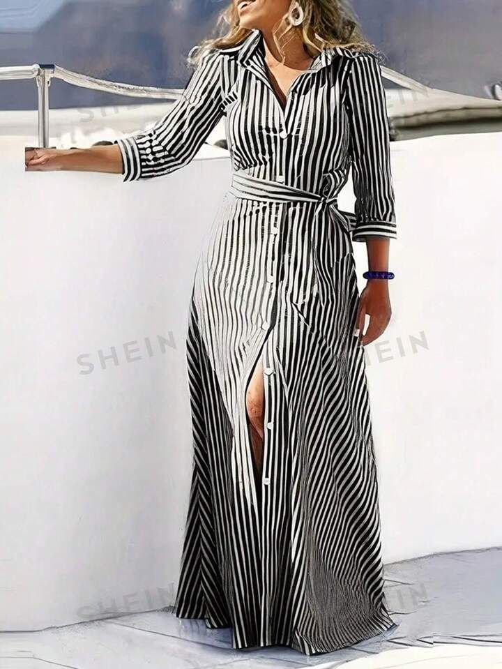 SHEIN Frenchy Striped Belted Shirt Dress | SHEIN