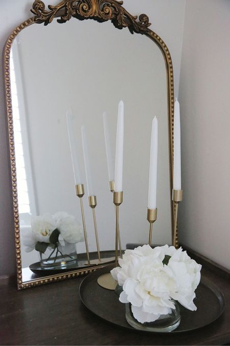 The perfect details for a guest bedroom! #walmartpartner
Add a touch of gold and romance! Love the vintage feel of this mirror mixed with the florals and candles! All are so affordable too! 

@walmart #walmart #walmarthome #iywyk