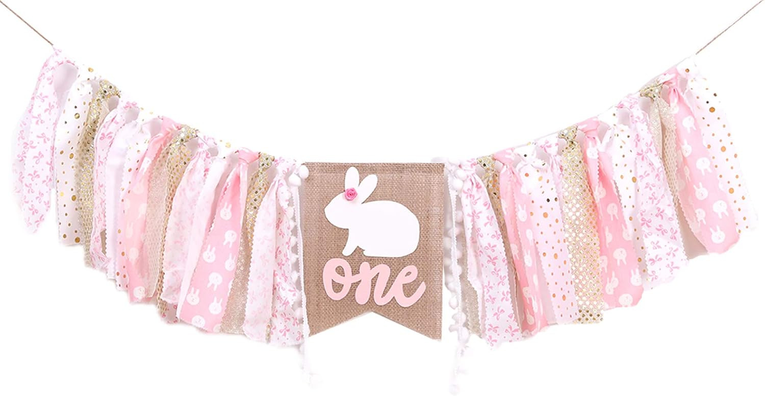 Pink Happy Birthday Banner - 1st Birthday High Chair Banner,Rabbit Themed Photo Props,Best Prince... | Amazon (US)