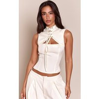 Petite Cream Lace Up High Neck Corset Top | PrettyLittleThing US