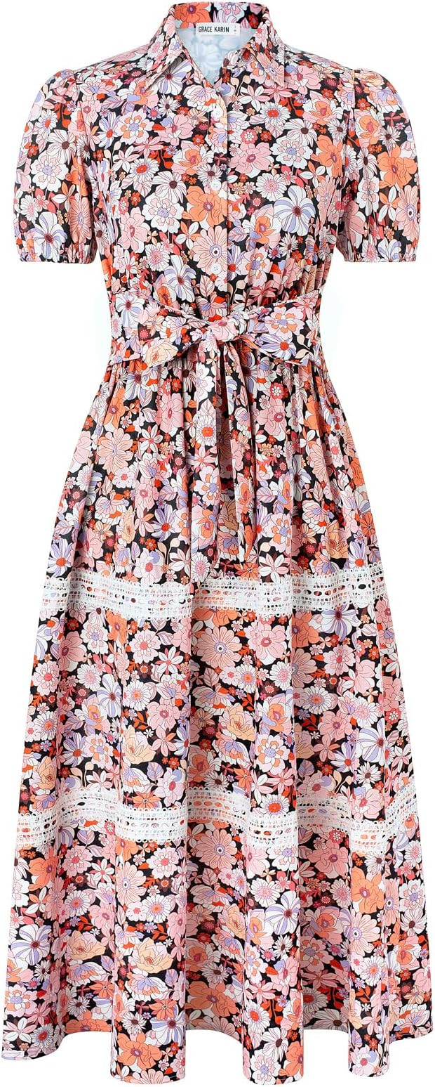 GRACE KARIN Women's 2025 Summer Floral Flowy Dresses Boho Tie Belt Short Puff Sleeve A Line Maxi ... | Amazon (US)