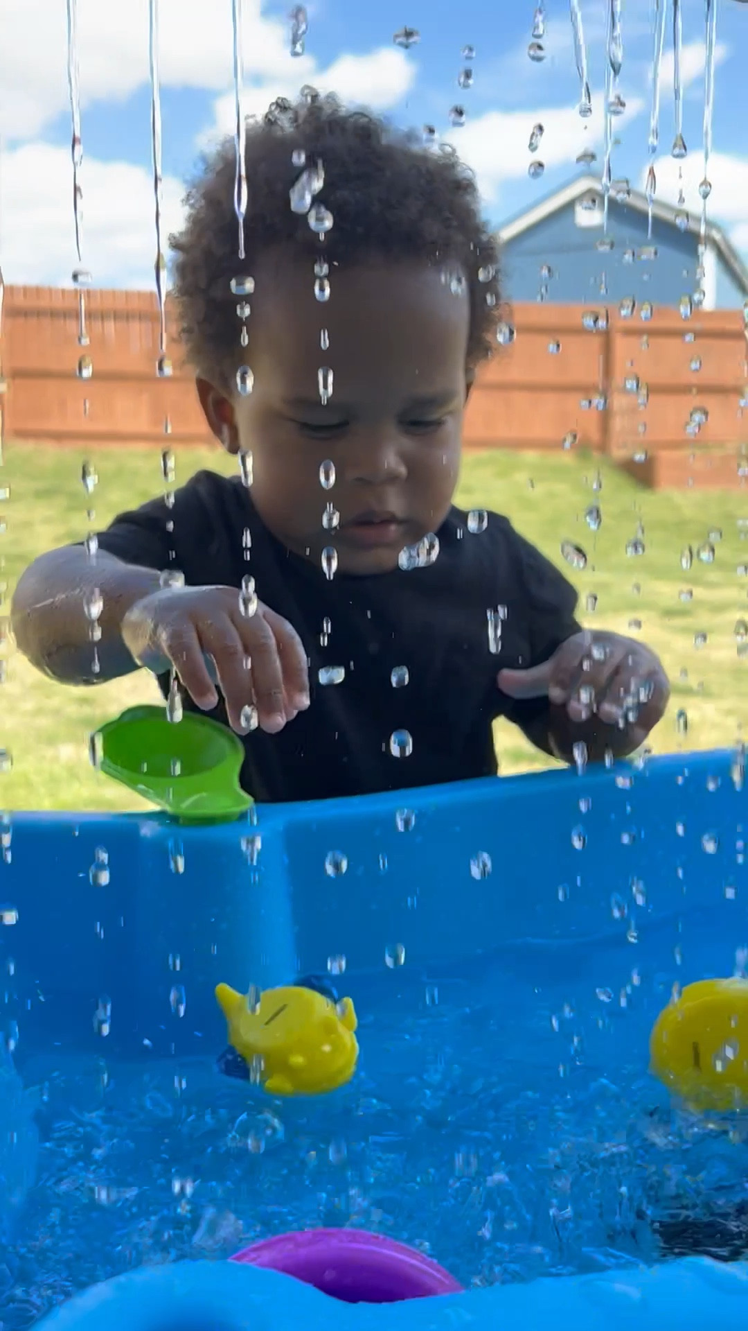 Judah loves playing with his water table. We also turn it into a sensory table too. We’ve filled it with ice and cloud dough. 