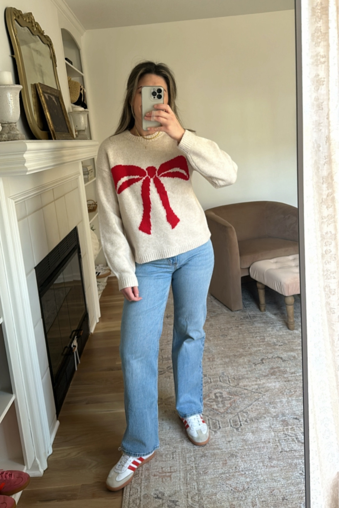 Holiday event ready! Loving the bow trend this season. Holiday outfit. Bow sweater. Bow outfit. Target style. Holiday style. Casual chic. Jeans. Sweater. Christmas earrings. Hair bow. Adidas Sambae. Mom outfit. Festive outfit  

#LTKGiftGuide #LTKHoliday #LTKStyleTip