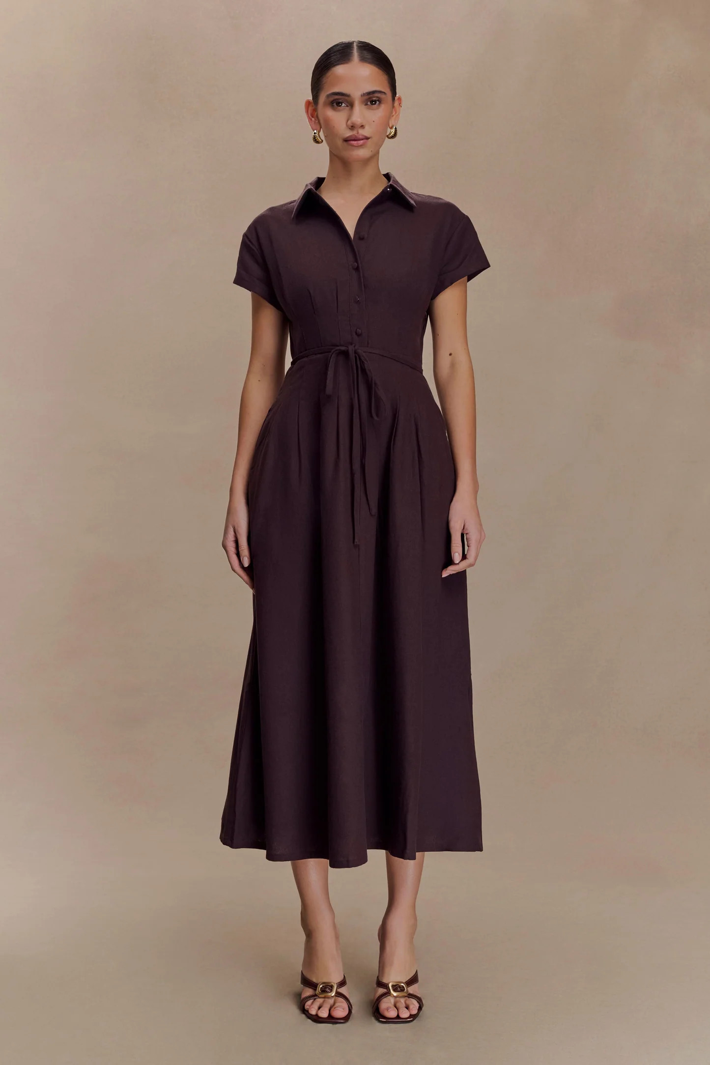 Aysha Buttoned Linen Midi Dress - Chocolate | MESHKI US