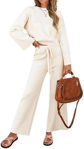 ZESICA Women's 2 Piece Outfits Set 2026 Casual Long Sleeve Knit Pullover Top and Wide Leg Pants S... | Amazon (US)