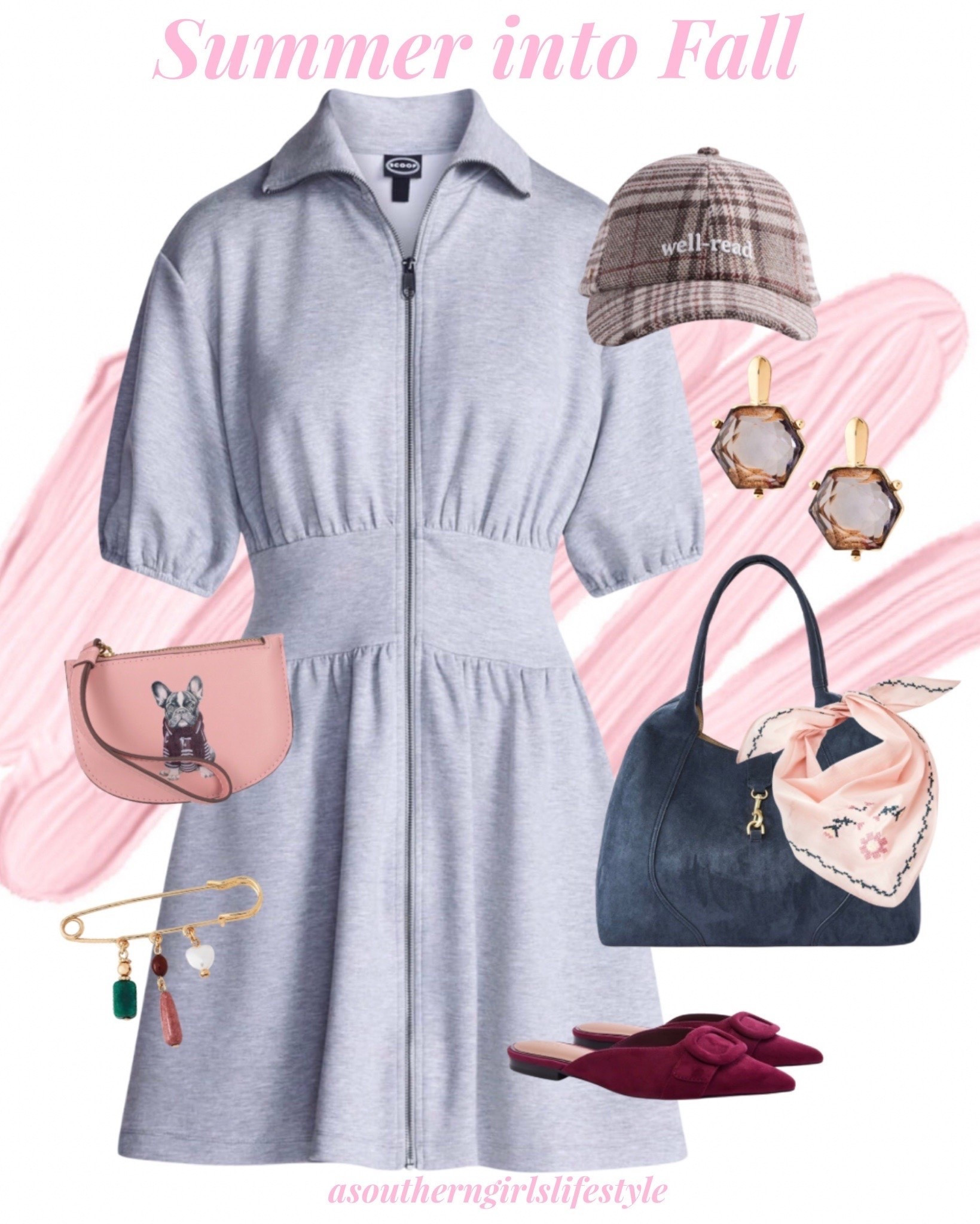 Summer into Fall Transition Outfit - with the hat makes for a great lazy but cute weekend look. Without the hat it could be worn pretty much anywhere! 

Gray Scubaknit Zipper Dress, Well Read Plaid Baseball Cap, Gold & Gray Hexagon Earrings, Dusty Rose & Pup Wristlet, Pink Cross Stitch Floral Scarf & Blue Faux Suede Shoulder Bag, Stone Bead Safety Pin Brooch (would be cute on bag handle or scarf) & Faux Suede Buckle Mules 

Fall Outfits Women. Fall Outfit. Fall Dress. Teacher Outfits. Weekend Style.

#LTKstorytime #LTKootd #LTKPetite