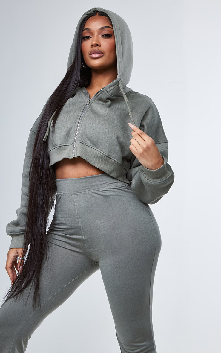 Shape Sage Khaki Zip Front Long Sleeve Cropped Hoodie | PrettyLittleThing US