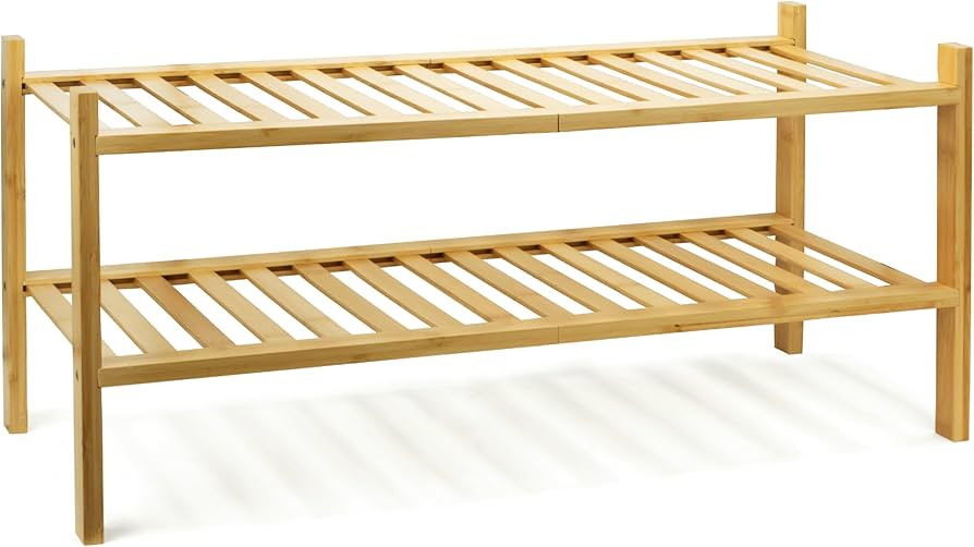 Brookstone, 2 Tier Bamboo Shoe Rack, Minimalistic Boho Wooden Shoe Organizer, Efficiently Fits 6 ... | Amazon (US)