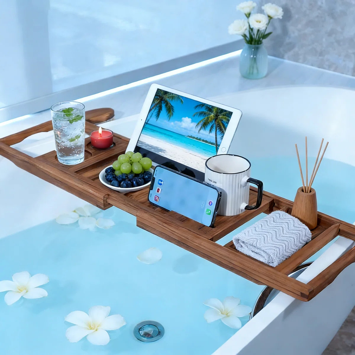 Premium Expandable Teak Bathtub Tray With Tablet Holder & Wine Glass Slot | Luxury Wooden Bath Ca... | Wayfair North America