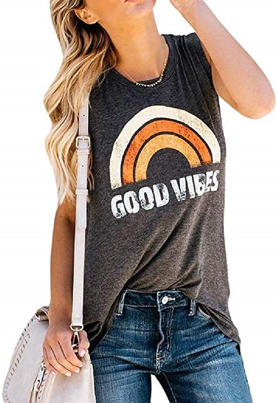 Vaise Womens Graphic Good Vibes Tank Tops Casual Long Sleeve Tops Tunics Rainbow Good Vibes Shirt | Amazon (US)