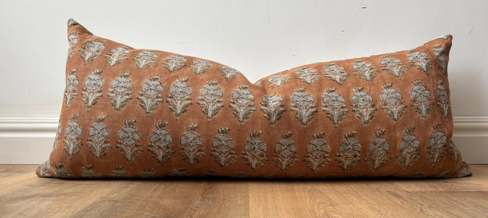 Authentic floral Indian hand block print long lumbar pillow cover blue amber brown natural availa... | Etsy (US)