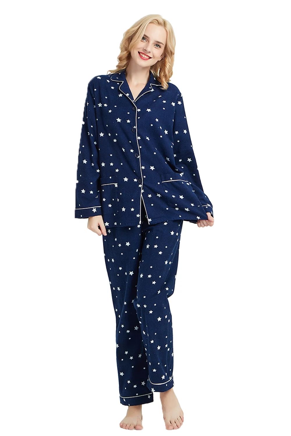 GLOBAL 100% Cotton Comfy Flannel Pajamas for Women 2-Piece Warm and Cozy Pj Set of Loungewear But... | Walmart (US)