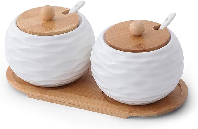 TAMAYKIM 20 OZ Large Size Porcelain Condiment Pots Sugar Bowls with Spoon and Bamboo Lid, White R... | Amazon (US)