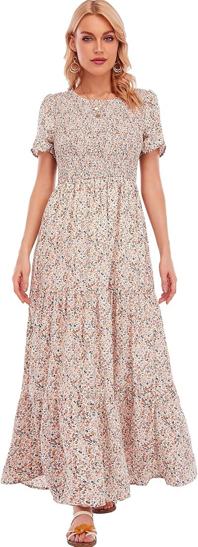 MANAIXUAN Women's Summer Casual Floral Print Party Maxi Dresses Short Sleeve A Line Long Tiered S... | Amazon (US)
