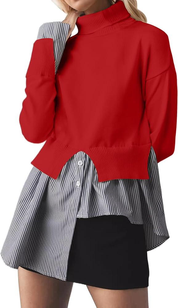 MISSACTIVER Women Slit Turtleneck Patchwork Sweater 2 in 1 Buttons Down Pullover Knit Sweater Asy... | Amazon (US)