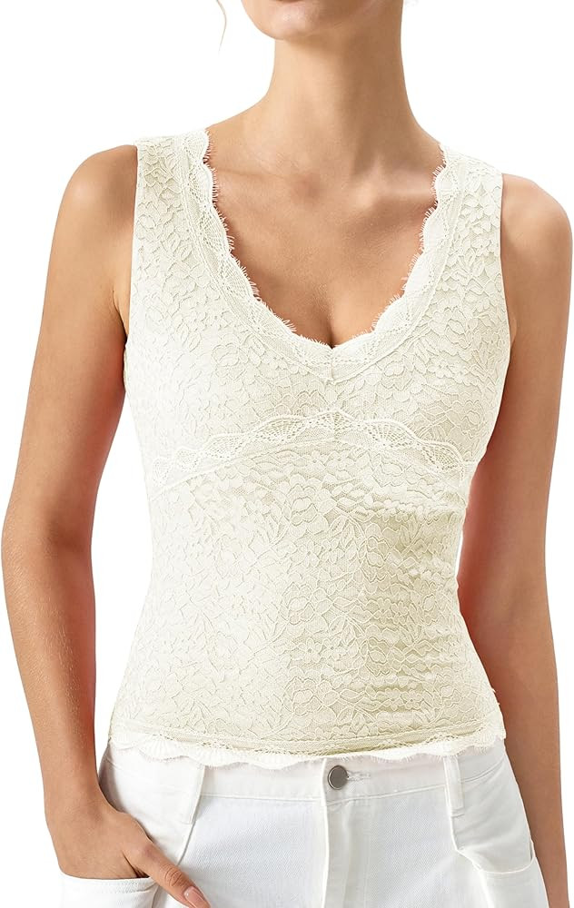 QINSEN Womens Lace Trim Tank Top V Neck Double Layered Basics Slimming Fit Going Out Summer Tops | Amazon (US)