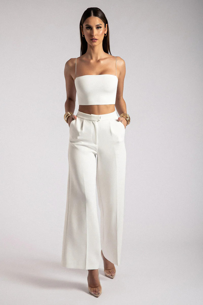 Alana Wide Leg High Waist Pants - White | MESHKI US