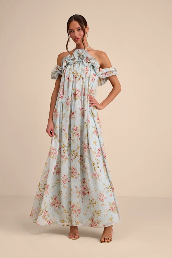 Amia Light Blue Floral Ruffled Shift Maxi Dress | Summer Wedding Guest Dress Summer | Lulus