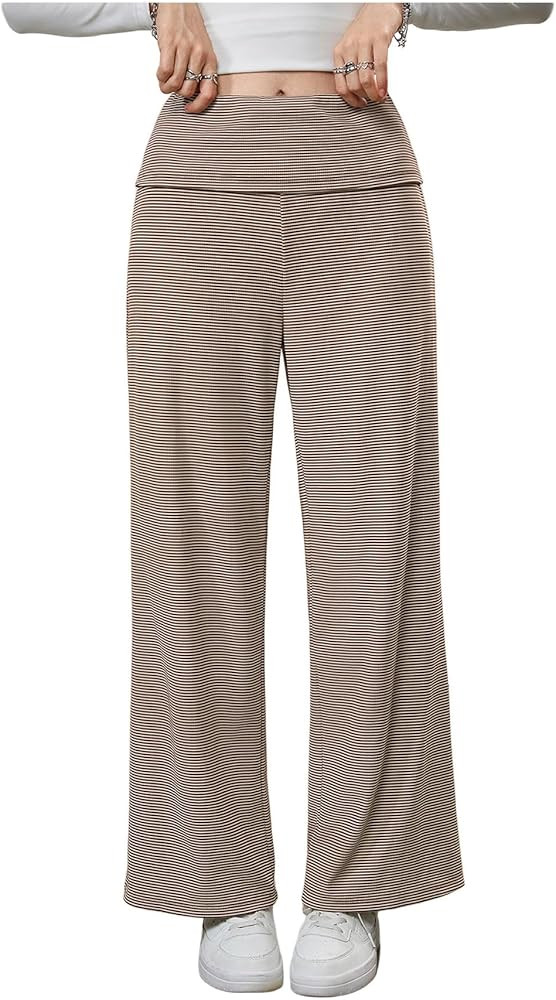 Women's Striped Wide Leg Pants Fold Over High Waisted Baggy Pants | Amazon (US)