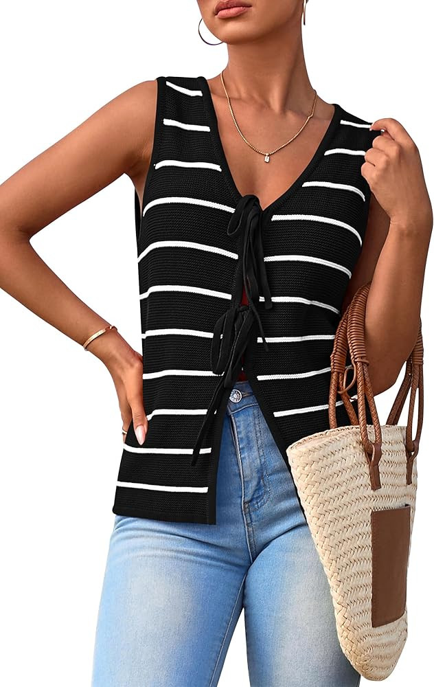 NALANISA Women's 2025 Summer Trendy Tank Tops Crochet Knit V Neck Sleeveless Tie Front Striped Sw... | Amazon (US)