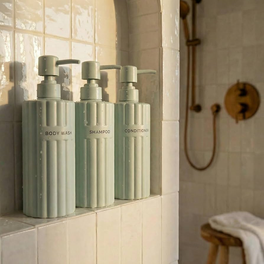 Stylish Shampoo and Conditioner Dispenser Set of 3 - Modern 19oz Shower Soap Bottles with Pump an... | Amazon (US)