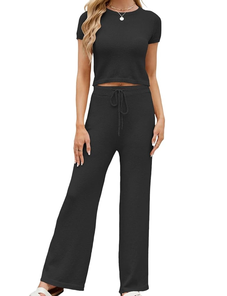 Perbai Womens 2 Piece Ribbed Knit Summer Outfits Crewneck Short Sleeve Crop Top Wide Leg Palazzo ... | Amazon (US)