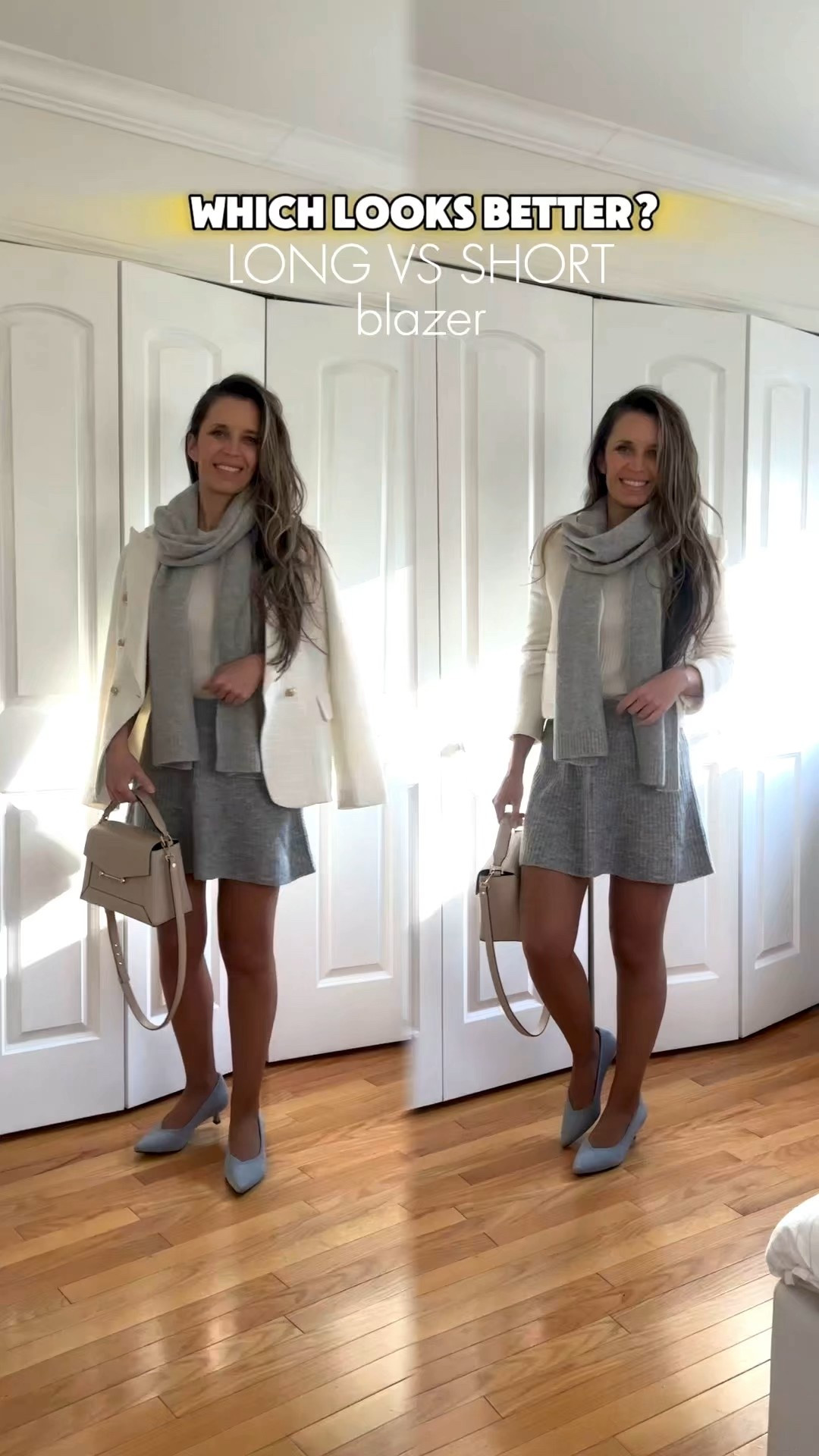 🩵A longer blazer generally looks more polished and balanced with a line mini skirt because it adds structure and creates a chic, elongated silhouette. It also gives a more modern and effortless vibe, especially if you wear it open.

🩵A cropped blazer can work well too, but it creates a more playful and trendy look, emphasizing the waist and making the outfit feel more youthful. 

☺️If you want a more elevated and sophisticated look, go with a longer blazer. If you prefer a fun and flirty vibe, opt for a cropped blazer.

Gray silver pumps are true to size and very comfy with kitten heel



#LTKWorkwear #LTKOver40 #LTKWatchNow