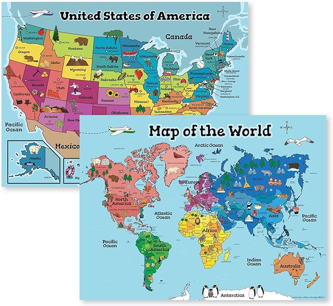 USA Wall Map & Kids World Map for Kids Wall (Laminated Maps for Kids) 2 Classroom Posters Perfect... | Amazon (US)