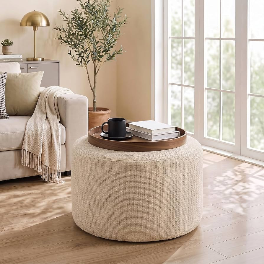 Amazon.com: Scingu Boho Round Pouf Ottoman, Upholstered Ottoman, Beige | Woven Linen Footrest, Farmhouse Footstool with Soft Padded Seat & Wood Frame, Accent Vanity Stool for Living Room, Bedroom : Home & Kitchen | Amazon (US)