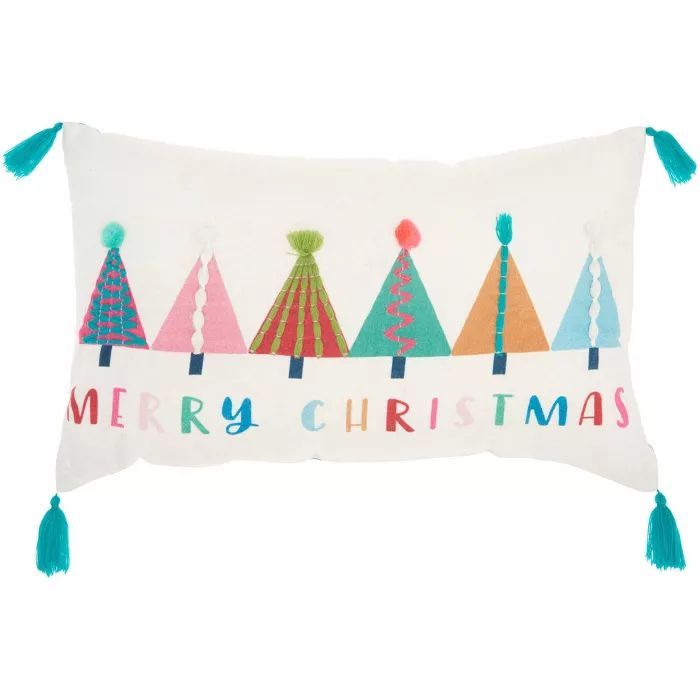 12"x20" Oversize Colorful Xmas Trees Christmas Lumbar Throw Pillow White/Blue - Mina Victory | Target
