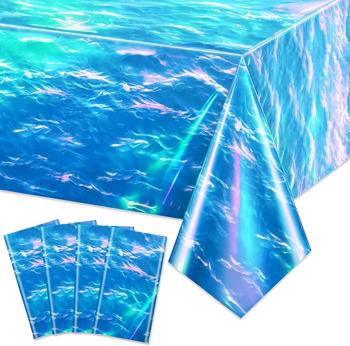 4 Pack Iridescent Ocean Wave Tablecloths - Disposable Plastic Ocean Blue Table Covers for Ocean U... | Amazon (US)
