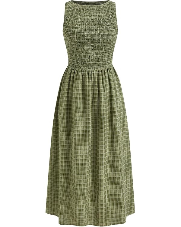 CIDER Plaid Midi Dress Sleeveless Summer Casual Smocked Sundress Casual Dresses | Amazon (US)