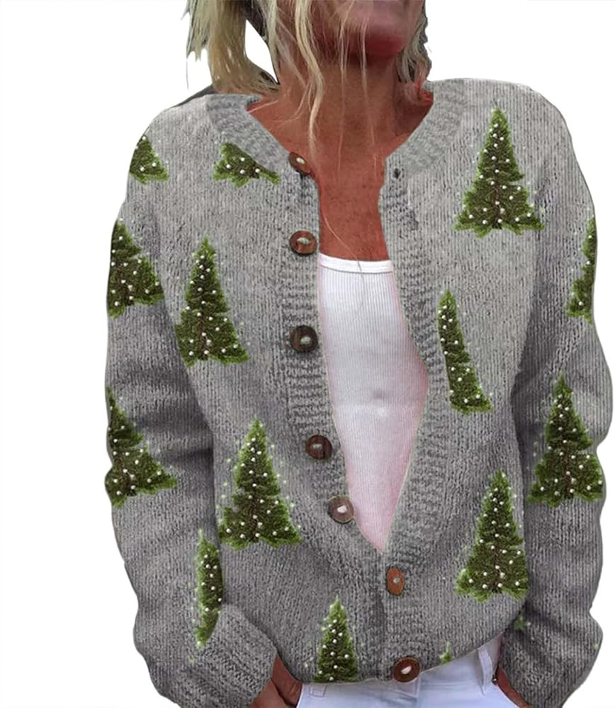 Christmas Cardigan for Women 2024 Long Sleeve Open Front Button Sweater Funny Ugly Santa Printed ... | Amazon (US)