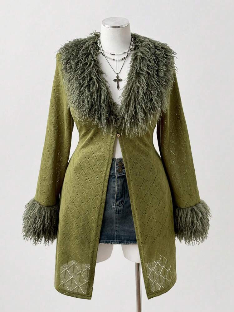 Sunspun Plus Size Women Military Green Fuzzy Knit Cardigan Sweater | SHEIN