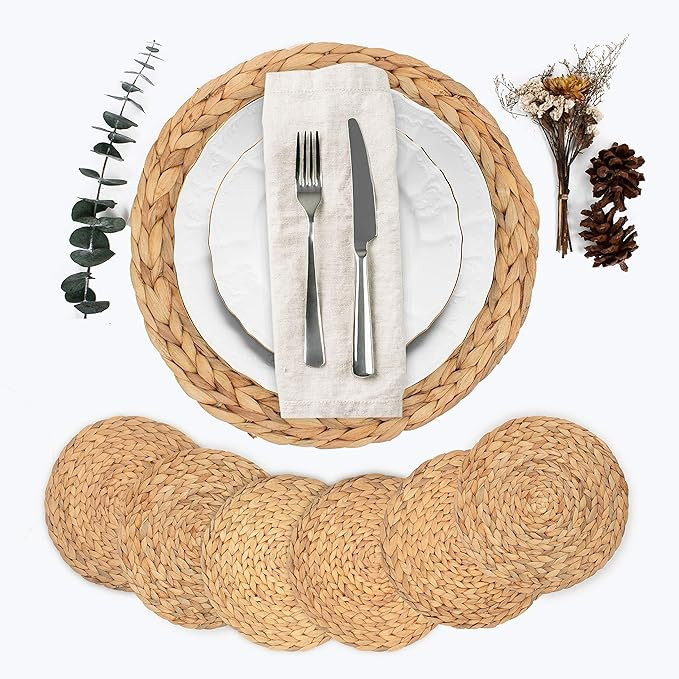 Ana Home 13.4" Table Placemats Set Of 6 - Braided Rattan Placemats- Round Table Placemats - Farmh... | Amazon (US)