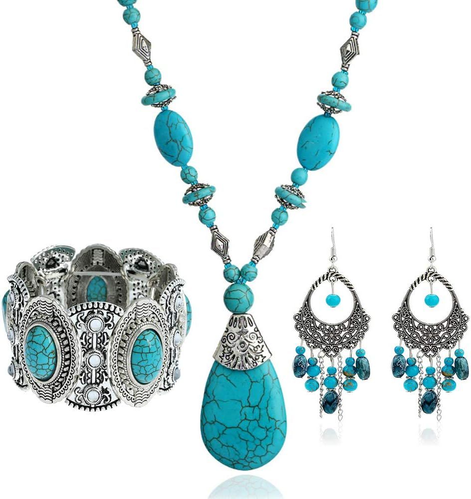 Turquoise 3pcs Set - a Turquoise Necklace a pair of turquoise pendant tassel earrings, a stretchable | Amazon (US)