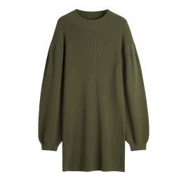 Lantern Sleeve Round Neck Ribbed Sweater Dress in Army Green | Chicwish