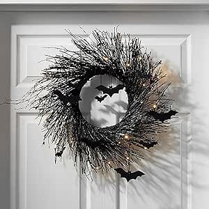 Black Bat Wreath Halloween Wreaths for Front Door, with Lights, Lighted Outdoor Decorations, Twig... | Amazon (US)