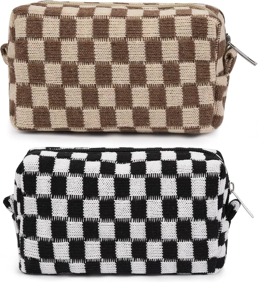 SOIDRAM 2 Pieces Checkered Cosmetic Travel Bags - Cute Makeup Pouch Organizers With Brush Storage... | Amazon (US)