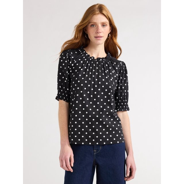 Free Assembly Women's Ruffle Polka Dot Top with Puff Sleeves, Sizes XS-XXL | Walmart (US)