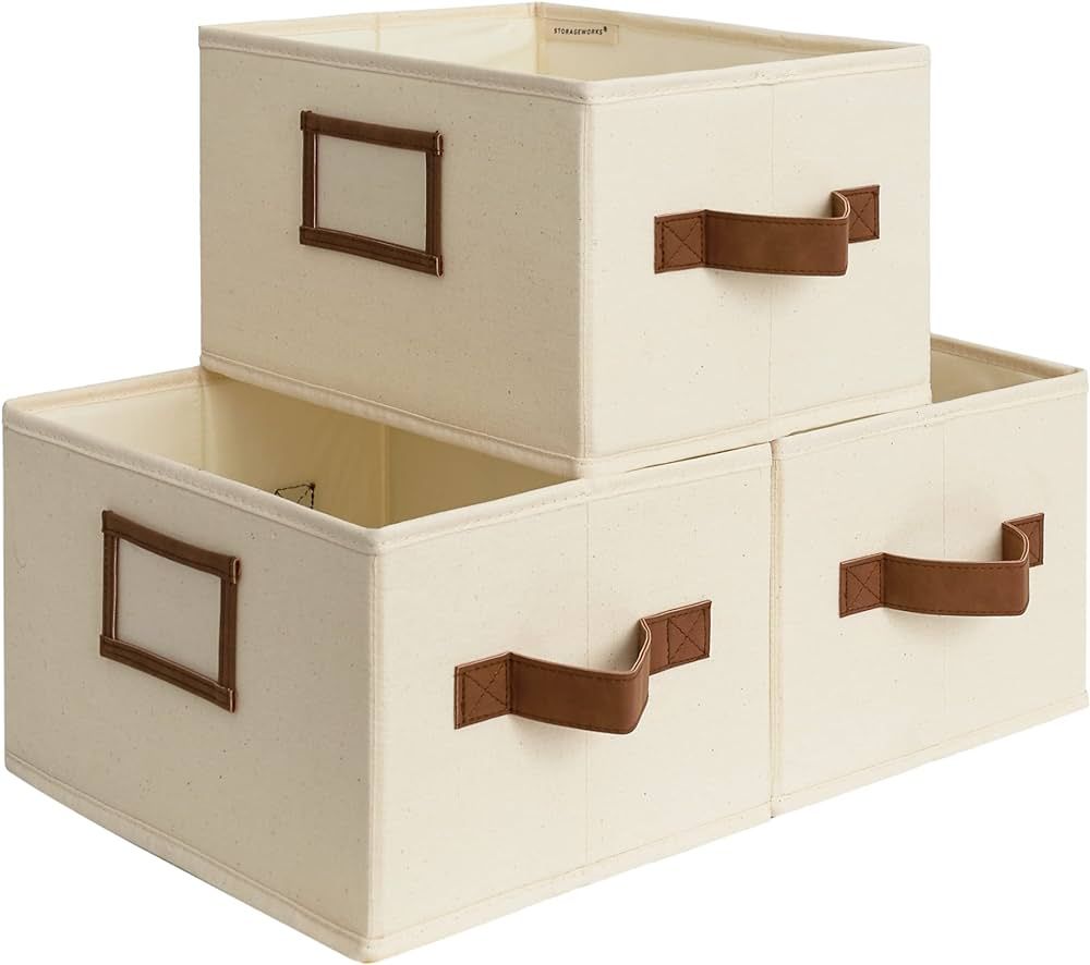 StorageWorks Decorative Storage Bins for Shelves, Bathroom Storage Baskets with PU Handles, Hand ... | Amazon (US)
