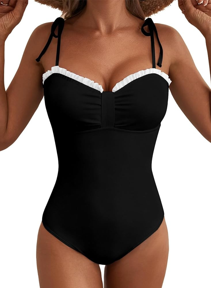 Herseas Women’s Striped One Piece Swimsuits Tie Shoulder High Cut Tummy Control Bathing Suit 20... | Amazon (US)