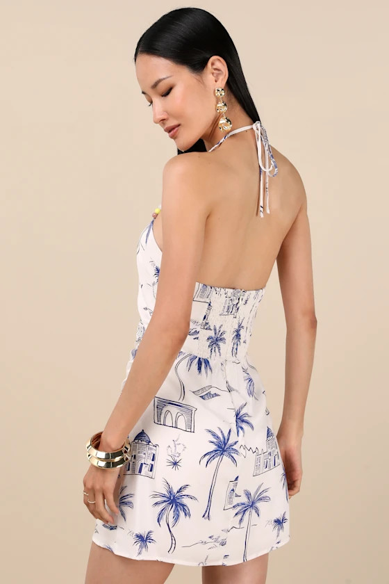 Inina Ivory and Blue Print Asymmetrical Halter Mini Dress | Lulus
