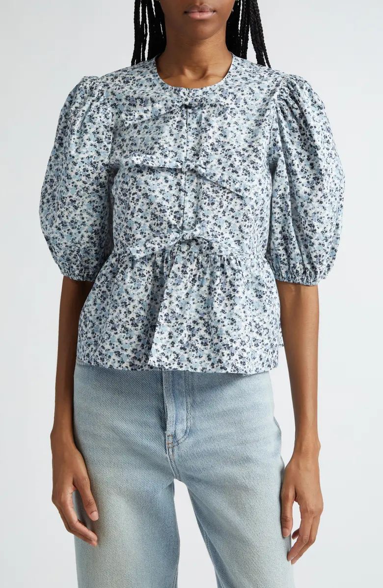 Ganni Print Bow Puff Sleeve Cotton Top | Nordstrom | Nordstrom
