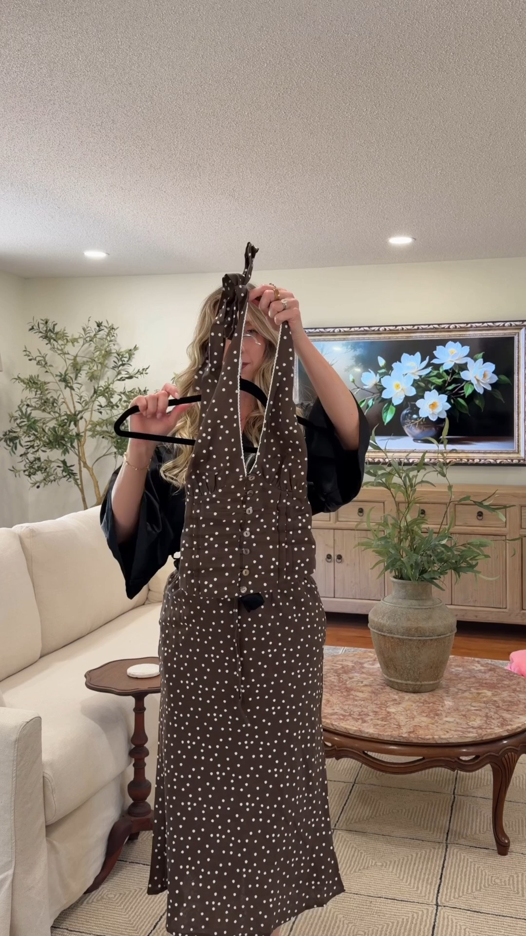 100% linen brown polka dot midi skirt with halter top set from Amazon. Perfect for fall!