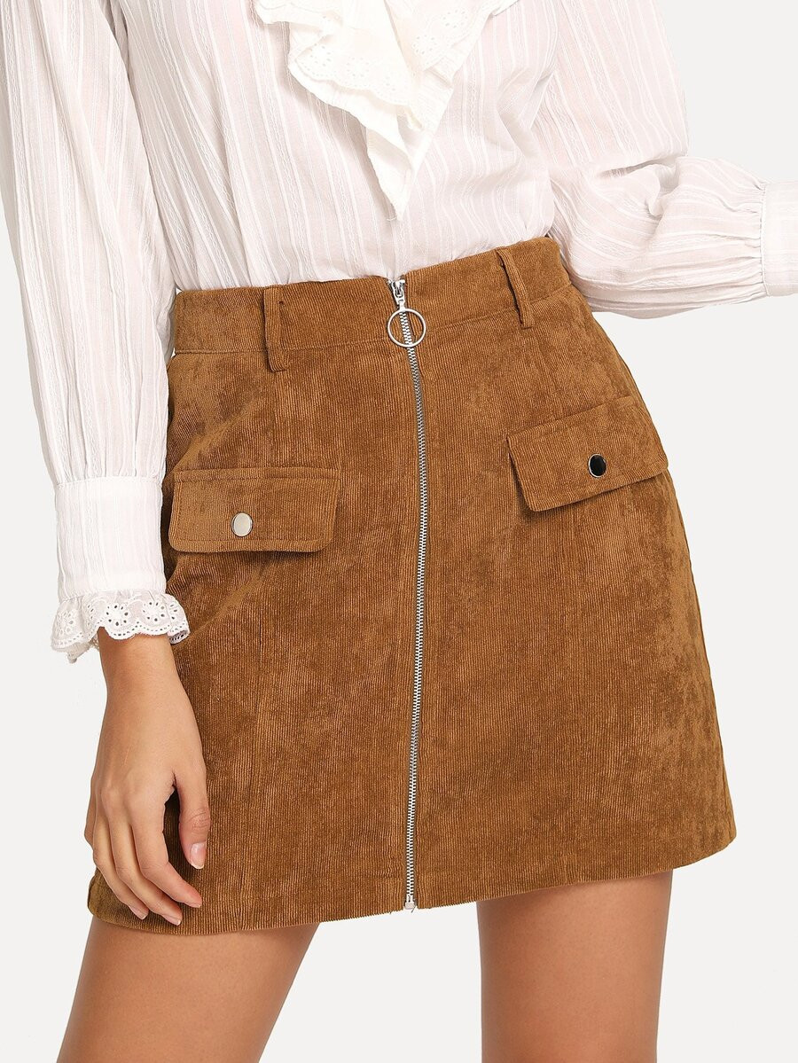 SHEIN Zip & Pocket Front Cord Skirt | SHEIN