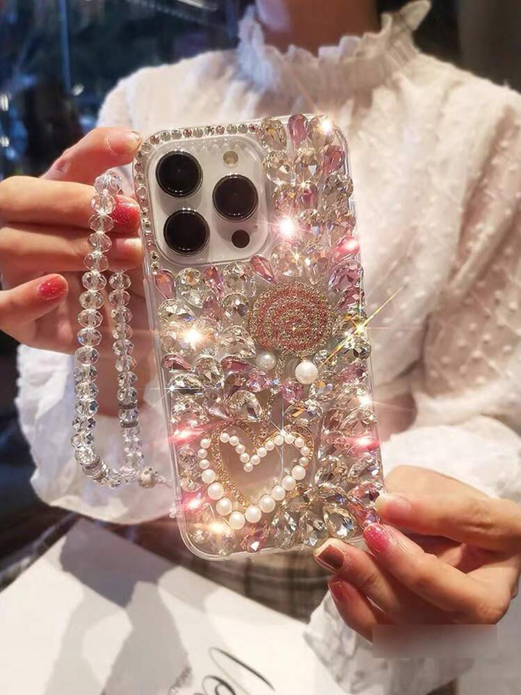 Luxury Fashion Rhinestone Pink Metal Glitter & Faux Pearl Heart Shockproof Phone Case Fit Compati... | SHEIN