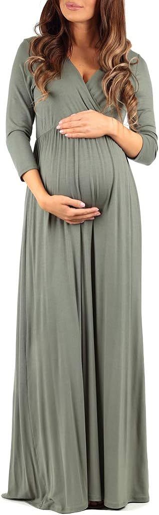 Mother Bee Maternity V-Neck 3/4 Sleeve Ruched Waist Dress | Amazon (US)