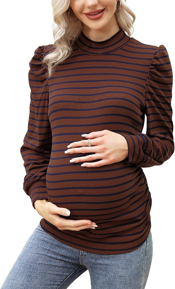 Coolmee Women's Knit Ribbed Maternity Top Mock Neck Long Sleeve Shirts Pregnant Ruched Tunic Pull... | Amazon (US)